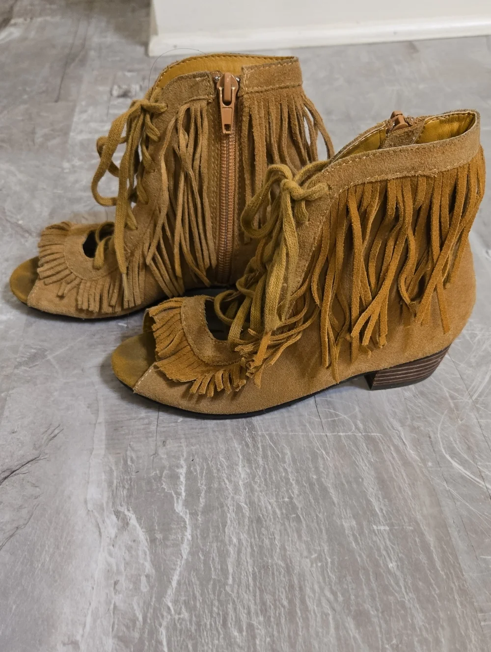 Joyfolie Kids Fringe Lace-Up Open Toe Heeled Sandals - Tan
